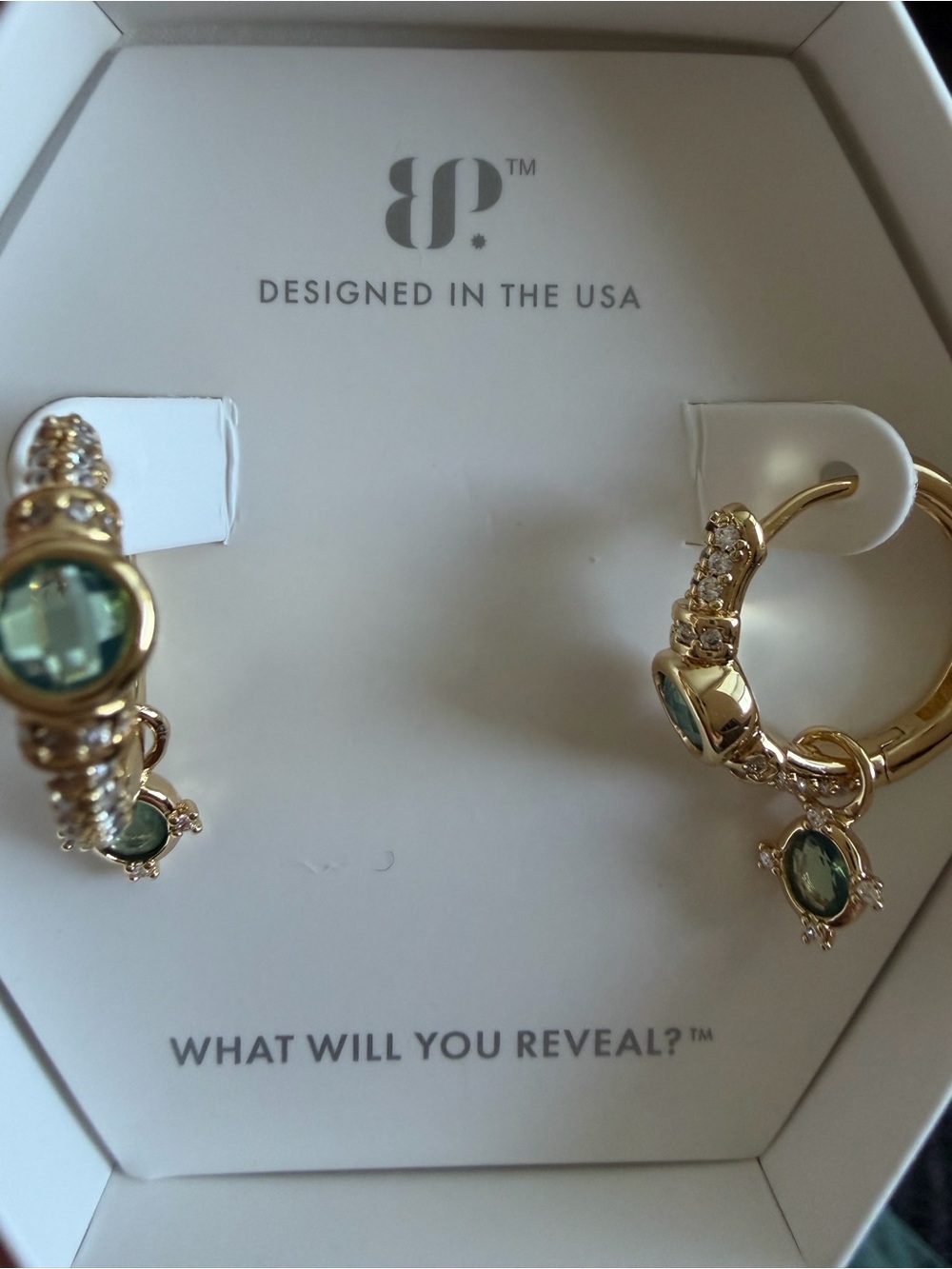 BP. Gold Hoop Earrings with Green Opal Gemstone Drops ER39356